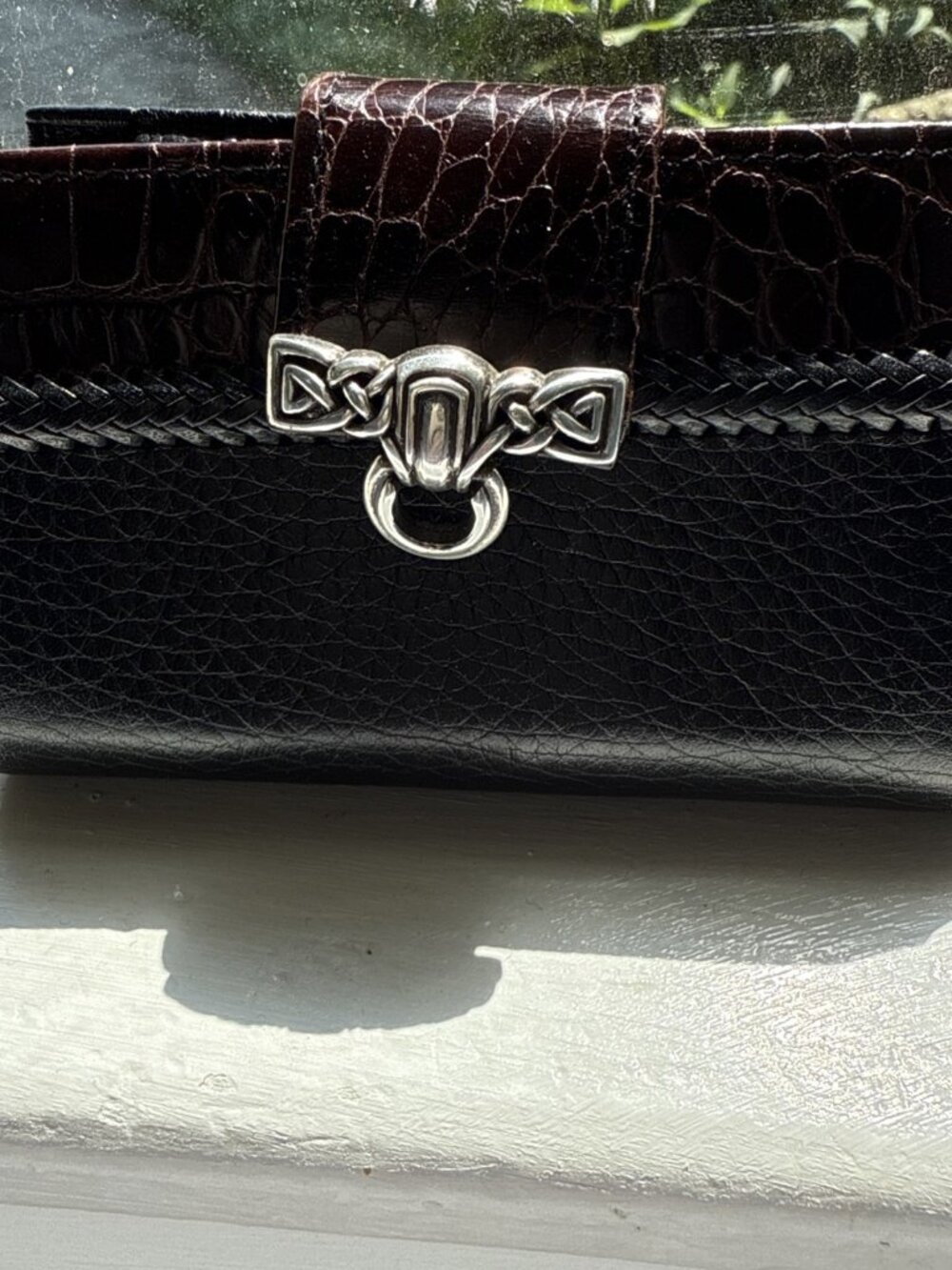 Brighton Bifold Wallet Black Pebbled & Brown Embossed Croc Print Leather